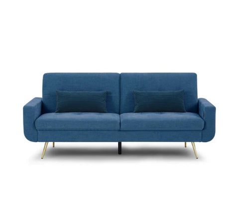 Luxury Lexi 3-seater fabric sofa bed with built-in USB charging ports, adjustable backrest, gold metal legs, and contemporary styling in a modern UK living room.