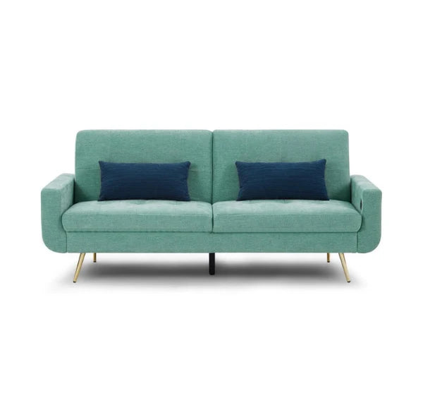 Luxury Lexi 3-seater fabric sofa bed with built-in USB charging ports, adjustable backrest, gold metal legs, and contemporary styling in a modern UK living room.