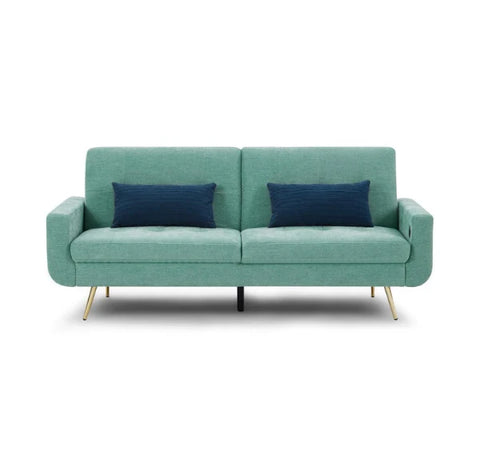 Luxury Lexi 3-seater fabric sofa bed with built-in USB charging ports, adjustable backrest, gold metal legs, and contemporary styling in a modern UK living room.