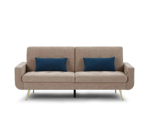 Luxury Lexi 3-seater fabric sofa bed with built-in USB charging ports, adjustable backrest, gold metal legs, and contemporary styling in a modern UK living room.