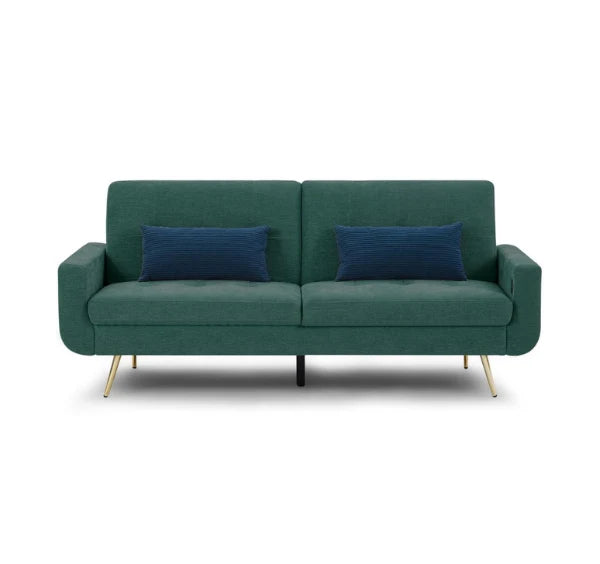Luxury Lexi 3-seater fabric sofa bed with built-in USB charging ports, adjustable backrest, gold metal legs, and contemporary styling in a modern UK living room.