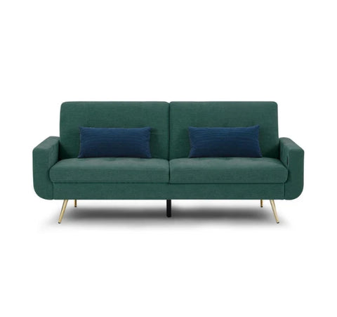 Luxury Lexi 3-seater fabric sofa bed with built-in USB charging ports, adjustable backrest, gold metal legs, and contemporary styling in a modern UK living room.