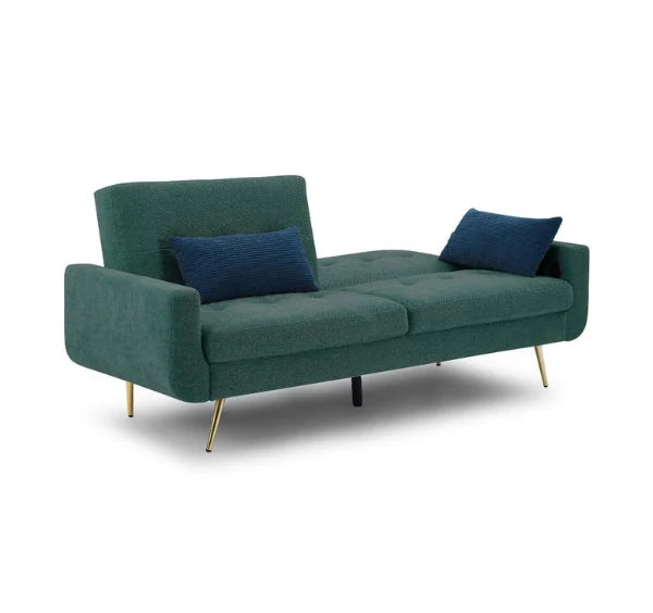 Luxury Lexi 3-seater fabric sofa bed with built-in USB charging ports, adjustable backrest, gold metal legs, and contemporary styling in a modern UK living room.