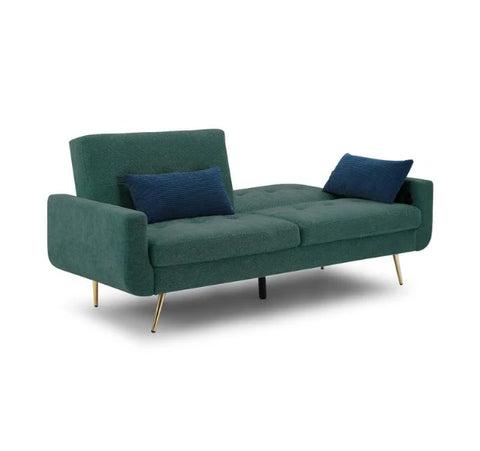 Luxury Lexi 3-seater fabric sofa bed with built-in USB charging ports, adjustable backrest, gold metal legs, and contemporary styling in a modern UK living room.
