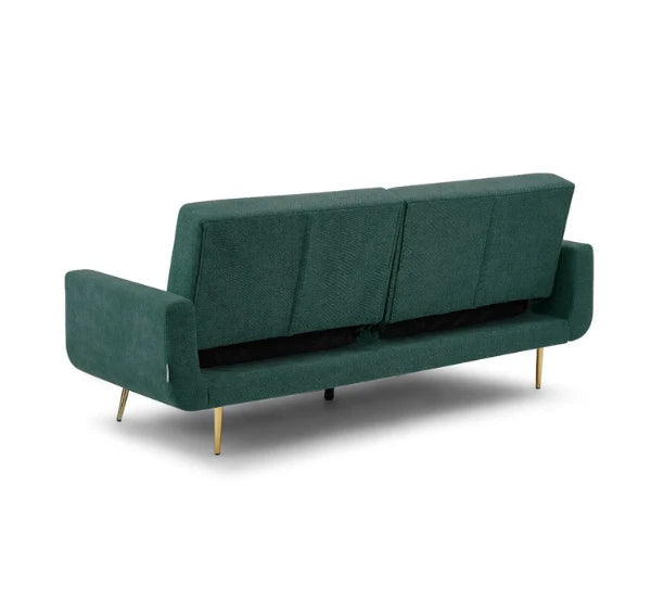 Luxury Lexi 3-seater fabric sofa bed with built-in USB charging ports, adjustable backrest, gold metal legs, and contemporary styling in a modern UK living room.