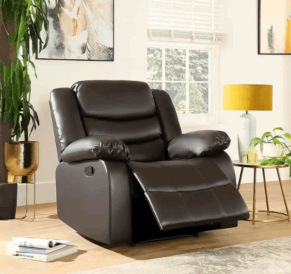 Premium brown air leather recliner chair with plush padded cushions and supportive backrest.