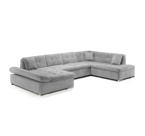 Scaffti U-shaped sofa bed with hidden storage, pull-out sleeping function, deep cushioned seating, and contemporary fabric upholstery in a modern UK living room.