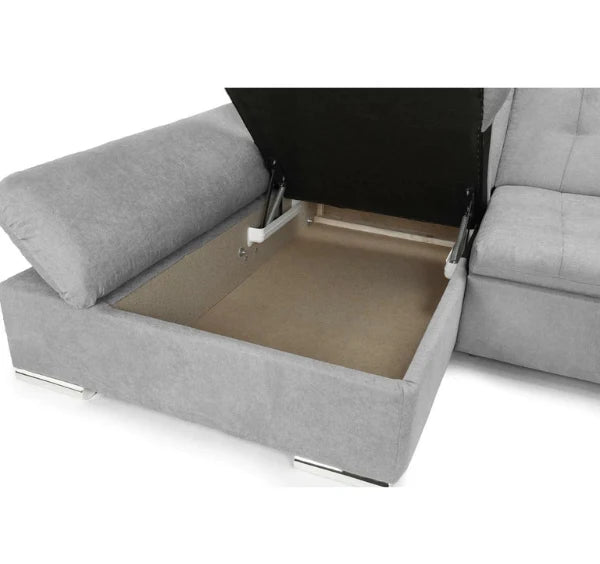 U-shaped sofa bed with hidden storage, pull-out sleeping function, deep cushioned seating, and contemporary fabric upholstery in a modern UK living room.