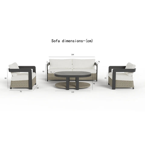 Luxury 5 seater wicker and aluminium garden lounge set with premium grey cushions and sintered stone coffee table on a modern outdoor patio.