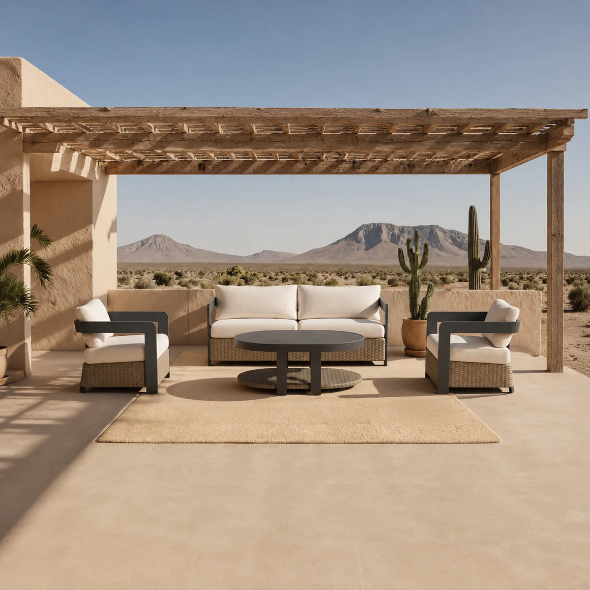 Luxury 5 seater wicker and aluminium garden lounge set with premium grey cushions and sintered stone coffee table on a modern outdoor patio.
