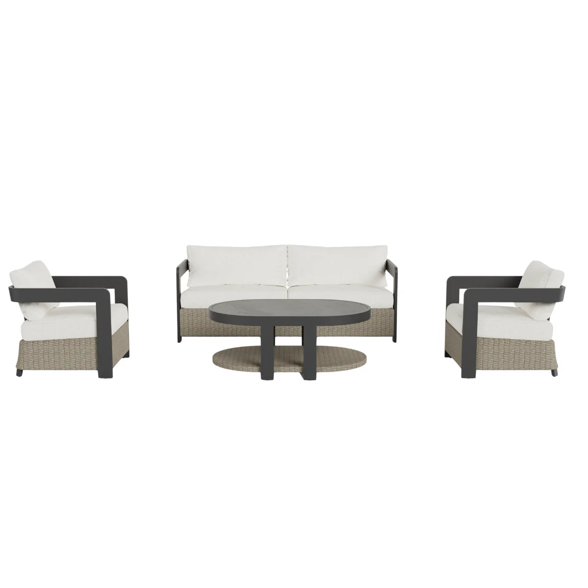 Luxury 5 seater wicker and aluminium garden lounge set with premium grey cushions and sintered stone coffee table on a modern outdoor patio.