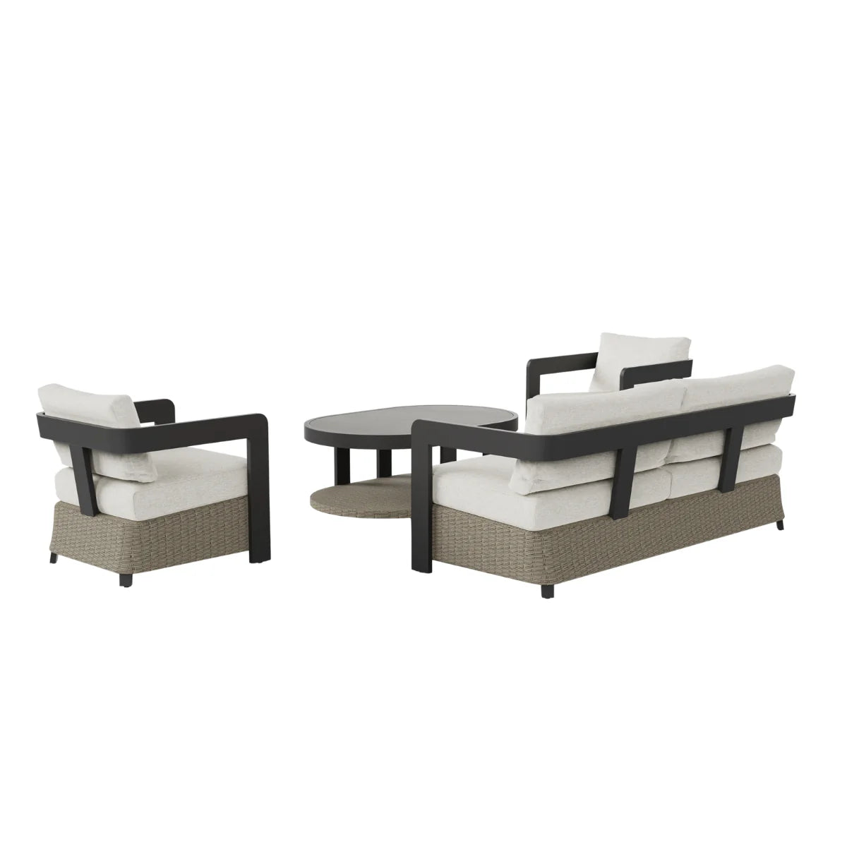 Luxury 5 seater wicker and aluminium garden lounge set with premium grey cushions and sintered stone coffee table on a modern outdoor patio.