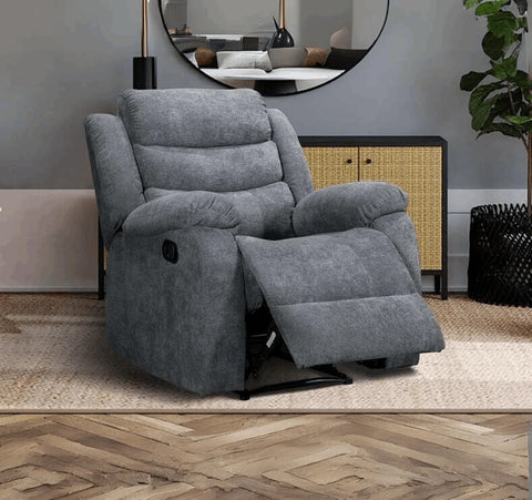 Luxury grey chenille fabric recliner armchair with manual reclining function for modern UK homes.