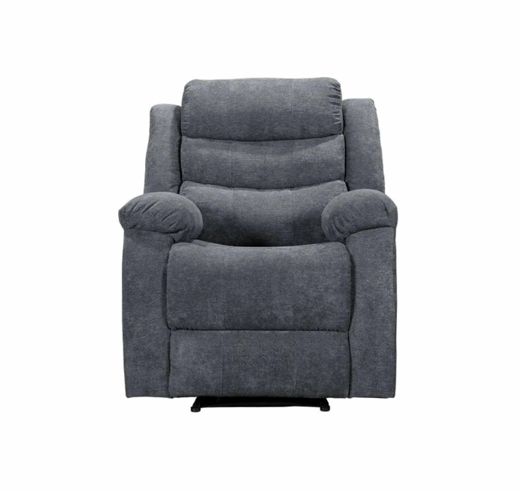 Contemporary grey recliner chair with padded armrests and plush cushioned backrest.