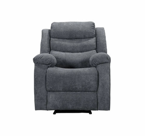 Contemporary grey recliner chair with padded armrests and plush cushioned backrest.