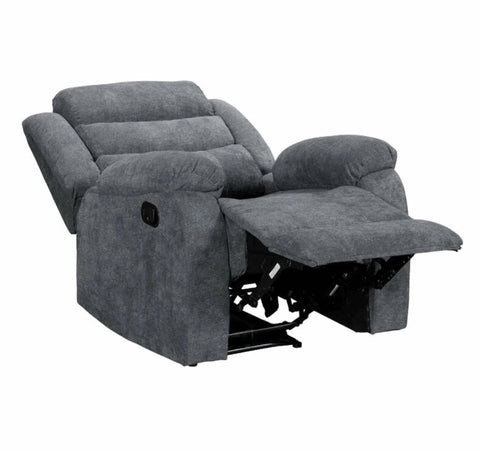 Premium manual fabric recliner armchair upholstered in soft grey chenille fabric.