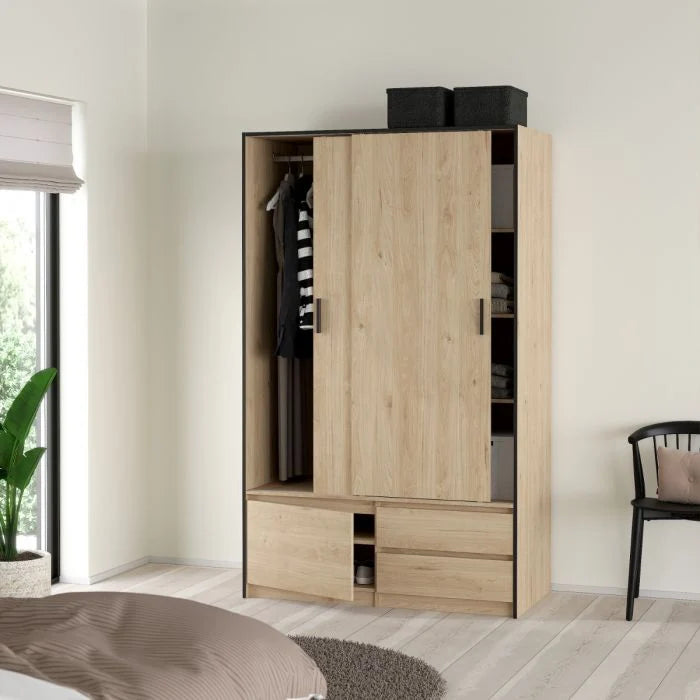 Oak wardrobe with four storage drawers