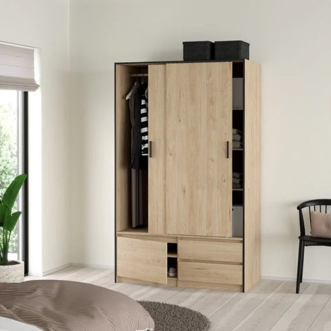Oak wardrobe with four storage drawers