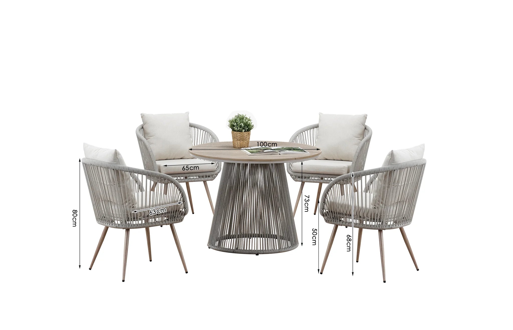 Natural rattan garden dining set with round wood-effect table and comfortable cushioned chairs on a modern patio.