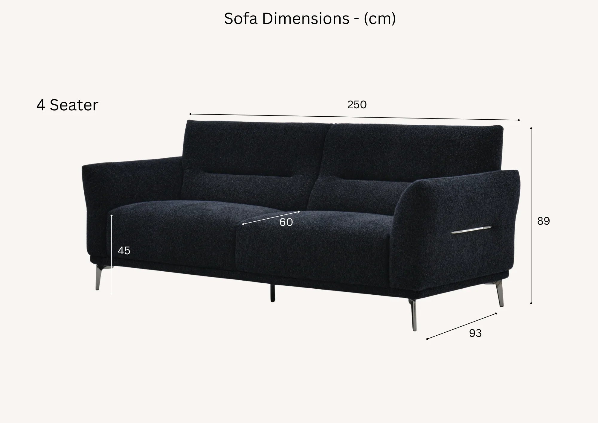 Luxury black bouclé sofa with premium textured upholstery, and a modern contemporary design available in 2, 3, and 4 seater sizes.