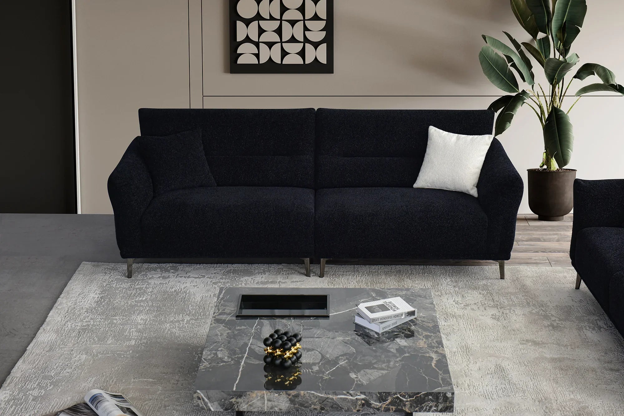 black bouclé sofa with deep channel stitching, premium textured upholstery, and a modern contemporary design available in 2, 3, and 4 seater sizes.