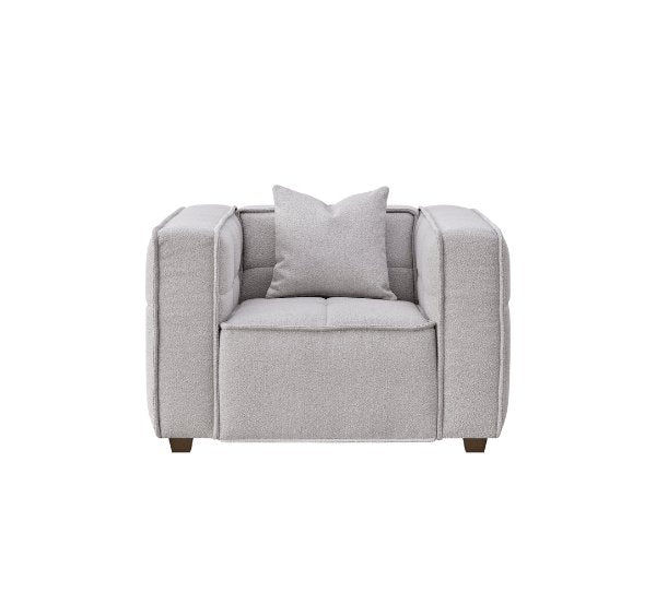 Luxury Murray sofa upholstered in premium putty bouclé fabric featuring Chesterfield-inspired button detailing, bold box arms.