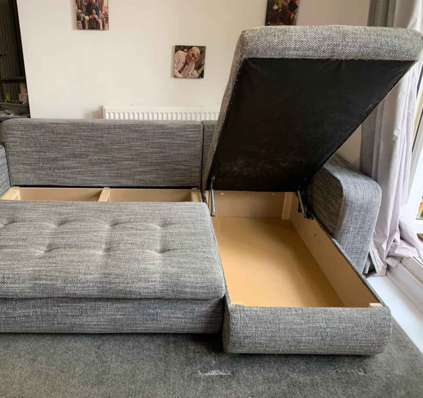 Luxury Berlin fabric corner sofa bed with hidden storage compartments, pull-out sleeping function, universal left or right-hand configuration, and contemporary styling for modern UK homes.