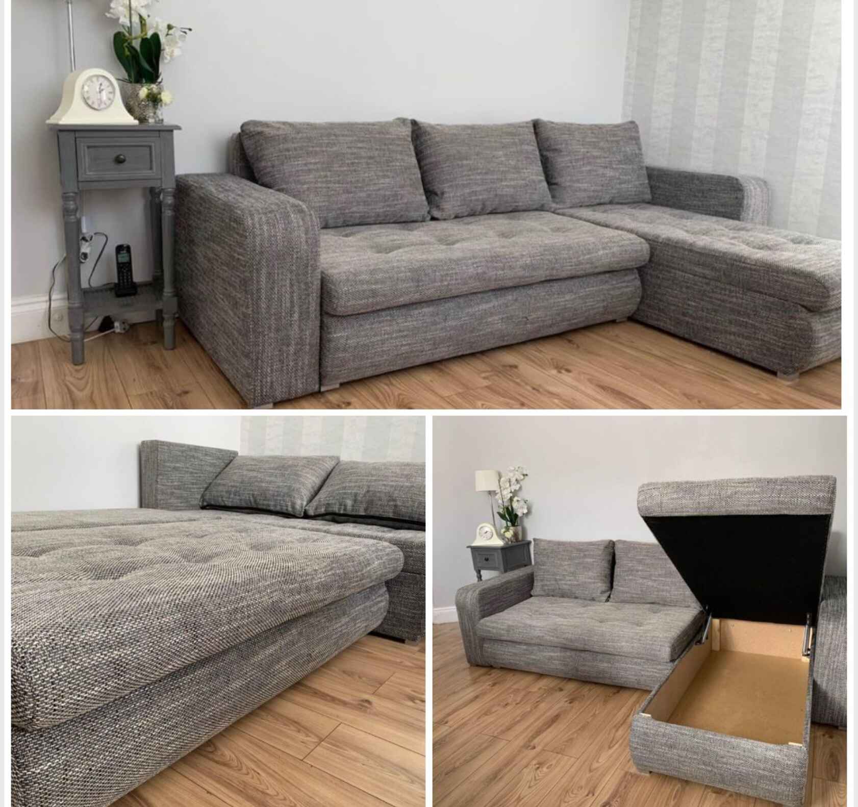  fabric corner sofa bed with hidden storage compartments, pull-out sleeping function, universal left or right-hand configuration, and contemporary styling for modern UK homes.
