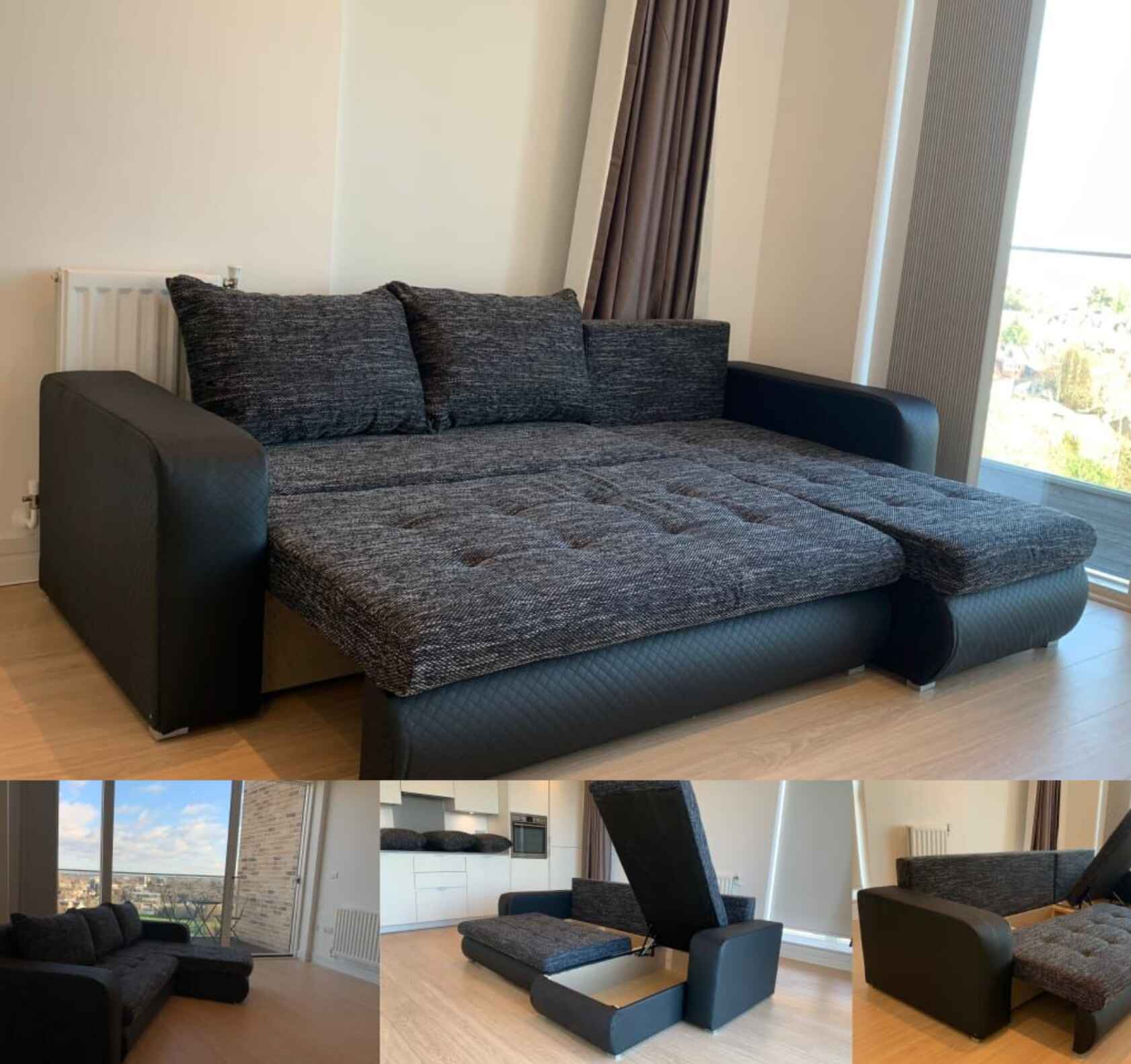 Luxury Berlin fabric corner sofa bed with hidden storage compartments, pull-out sleeping function, universal left or right-hand configuration for modern UK homes.