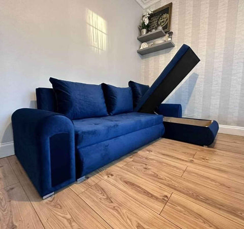 Luxury Berlin fabric corner sofa bed with hidden storage compartments, pull-out sleeping function, universal left or right-hand configuration.