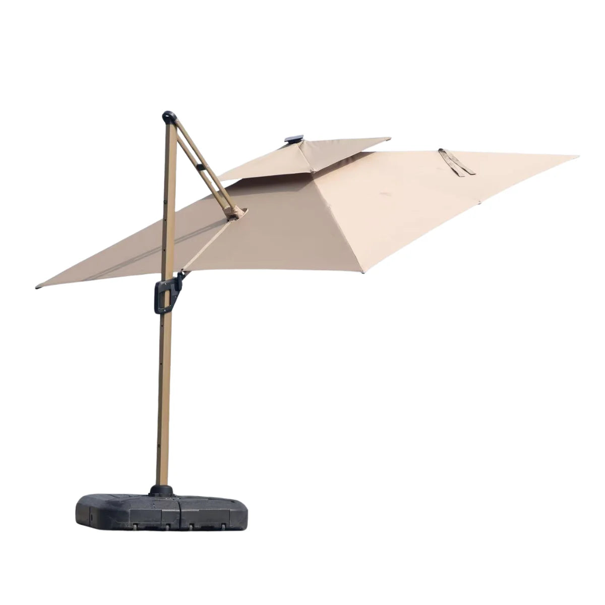 Luxury 3m cantilever garden parasol with integrated solar LED lights, 360-degree rotating canopy.
