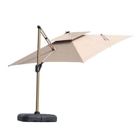 Luxury 3m cantilever garden parasol with integrated solar LED lights, 360-degree rotating canopy.