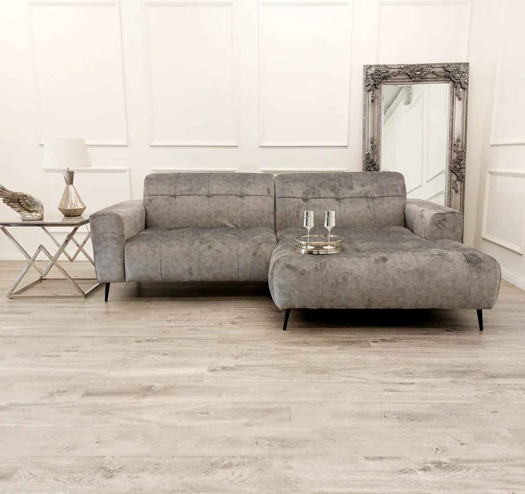 Luxury Oslo open plan cinema sofa with plush velvet upholstery, deep cushioned seating, extended chaise lounge, and spacious contemporary corner design for modern UK living rooms.
