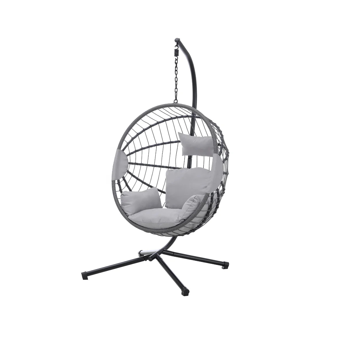 Luxury light grey hanging egg chair with plush cushions and woven rattan-effect design.