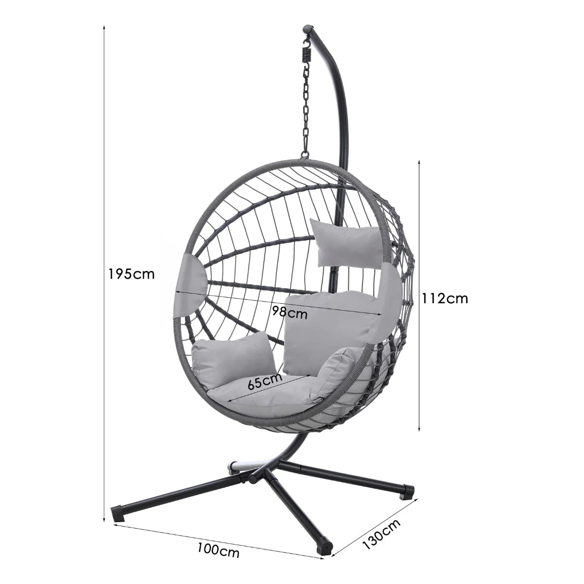 Hanging egg chair with plush cushions and woven rattan-effect design in a stylish modern garden patio.