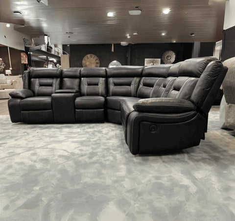 Nova black leather-look power recliner corner sofa with electric reclining seats.