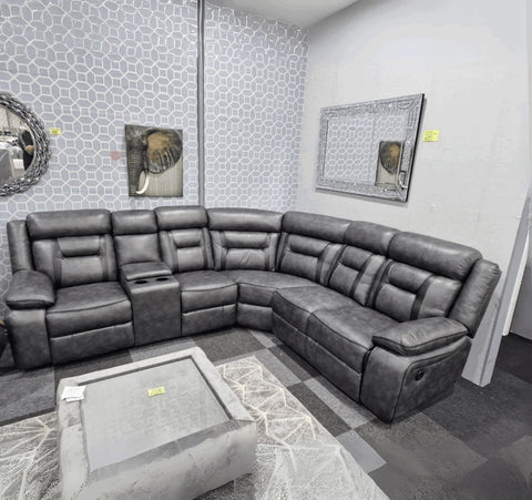 Premium grey leather power recliner sofa with spacious family seating.