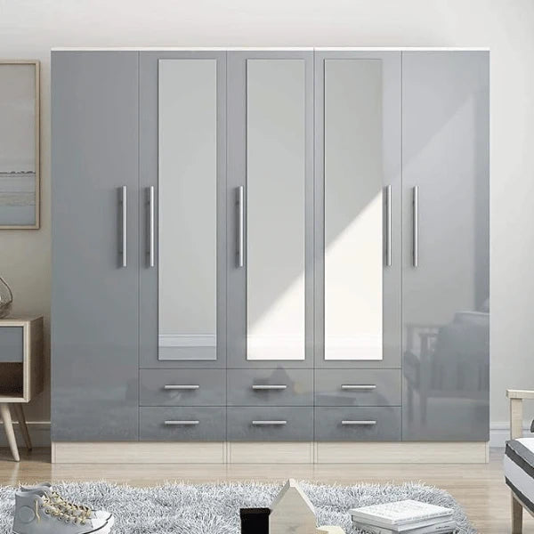 Grey gloss 5 door wardrobe with 6 drawers