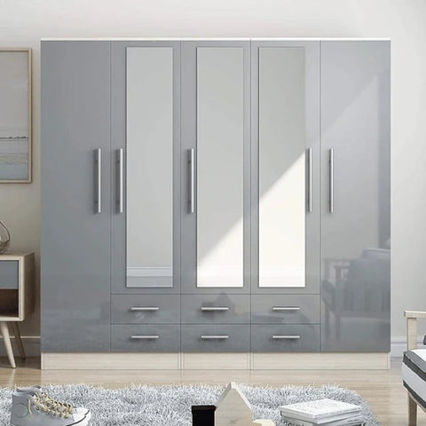 Grey gloss 5 door wardrobe with 6 drawers
