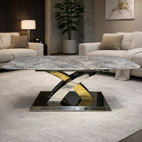 Lucy grey marble coffee table with silver and gold geometric base