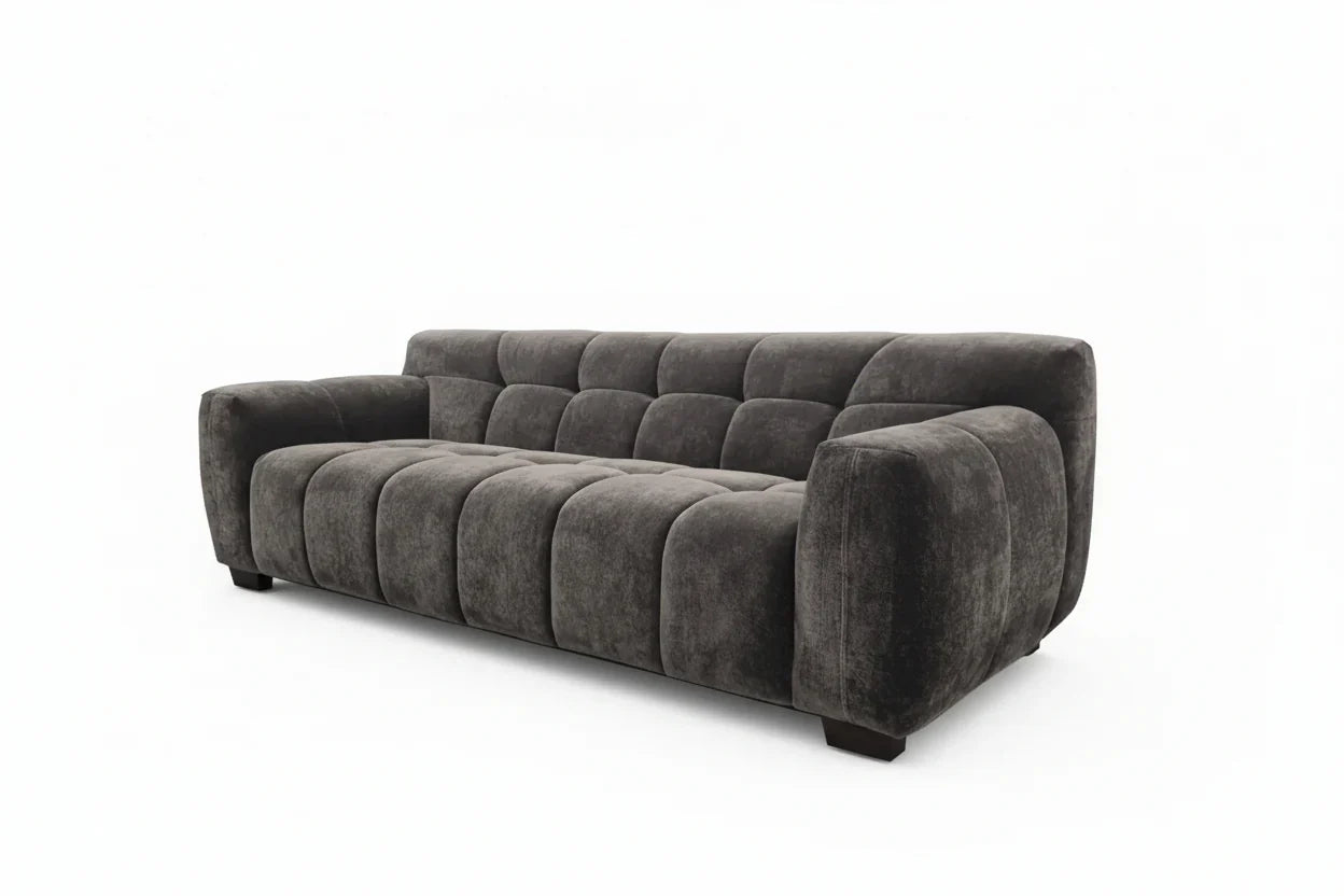 Premium steel grey velvet sofa with contemporary curved silhouette for UK homes.