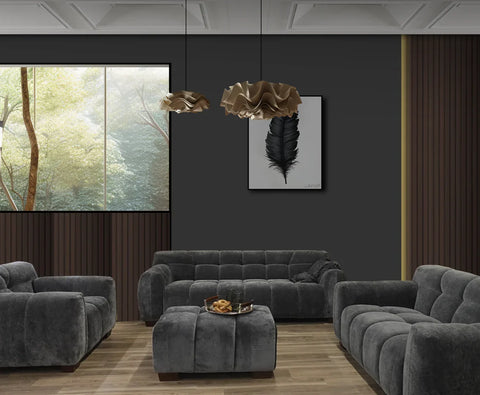 Modern velvet sofa set featuring 3 seater, 2 seater, armchair and matching footstool.