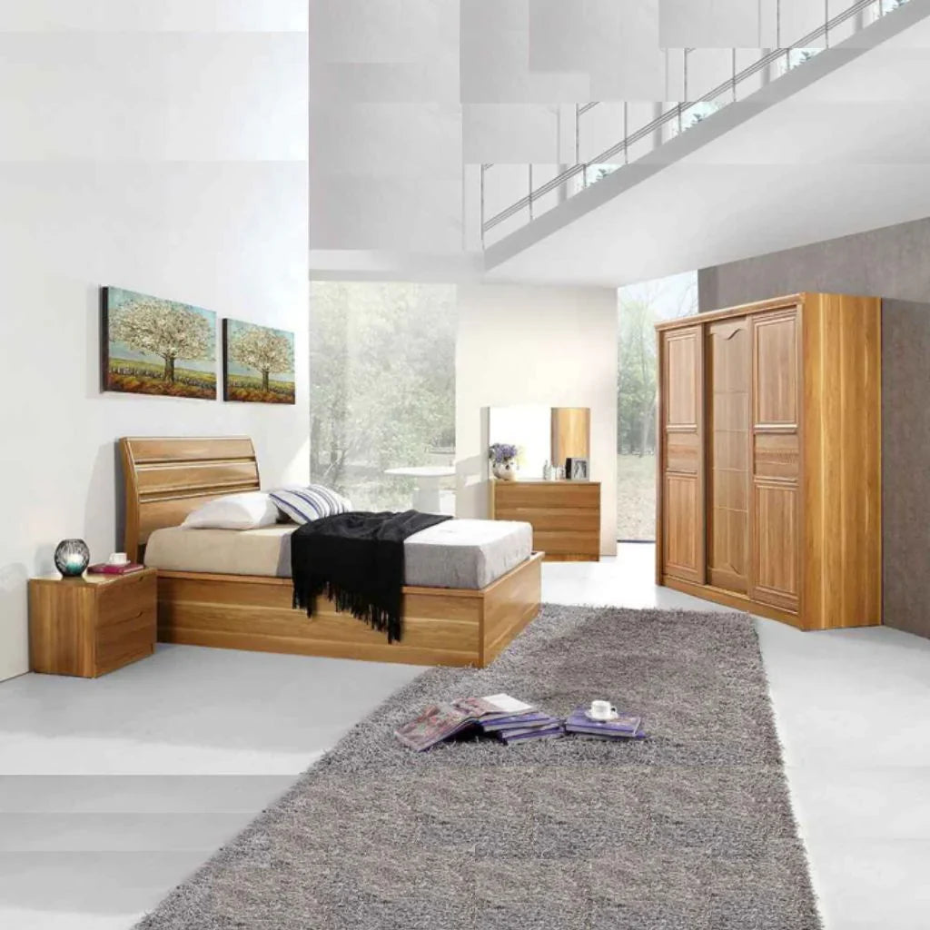 High Gloss Alexandra Oak ottoman storage bed with modern headboard