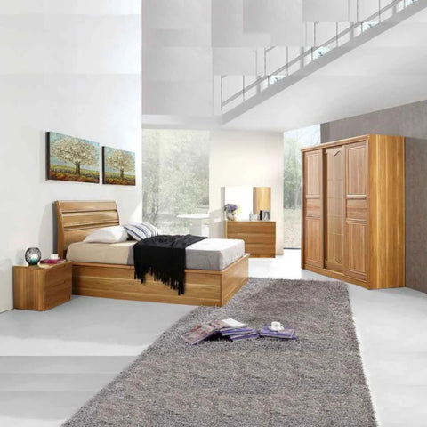 High Gloss Alexandra Oak ottoman storage bed with modern headboard