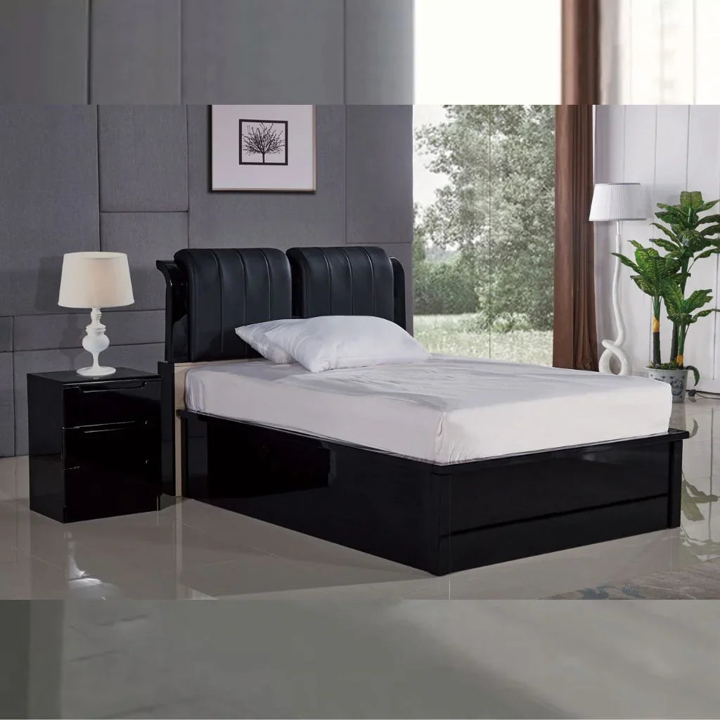 Black High Gloss Rugby ottoman storage bed with black upholstered headboard