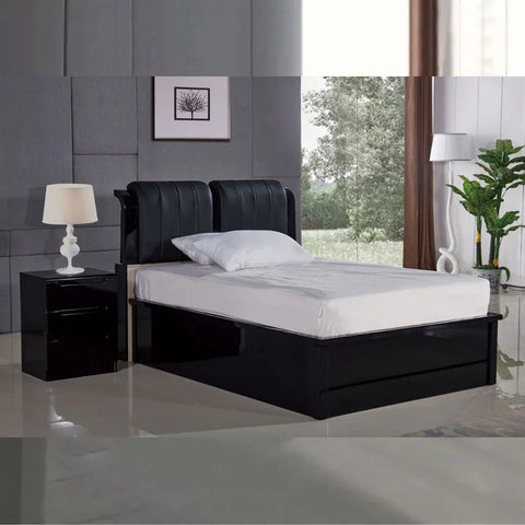 Black High Gloss Rugby ottoman storage bed with black upholstered headboard