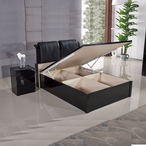 Black High Gloss Rugby ottoman bed with white headboard open storage
