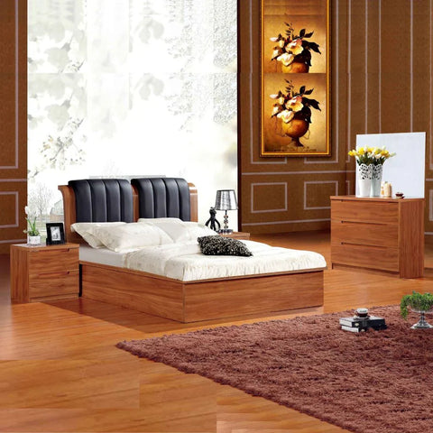 Walnut High Gloss Rugby ottoman bed with black upholstered headboard