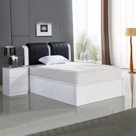 White High Gloss Rugby ottoman bed with black upholstered headboard