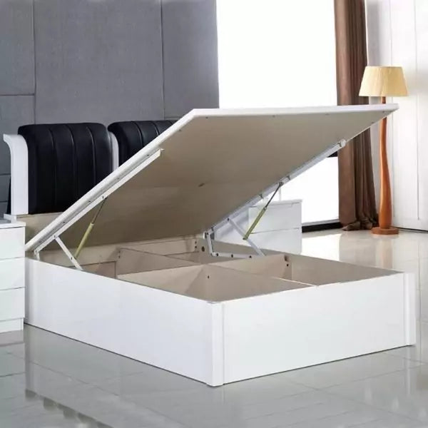 White High Gloss Rugby ottoman bed with black headboard open storage